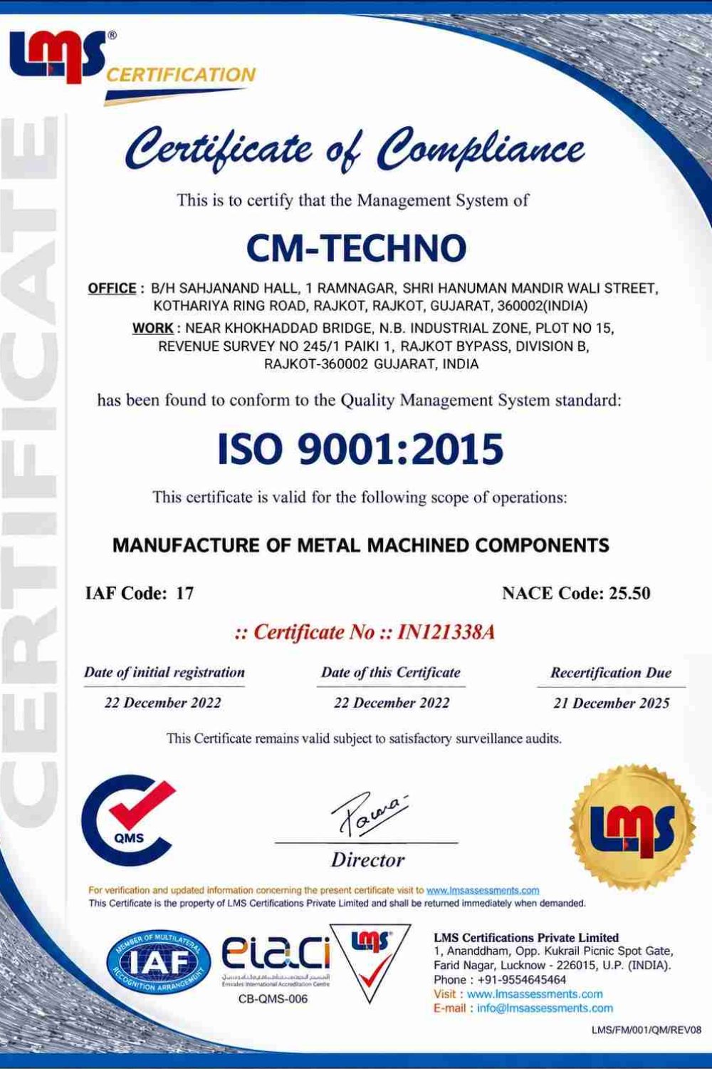 Professional ISO Compliance Certificate for CM-TECHNO-100kb